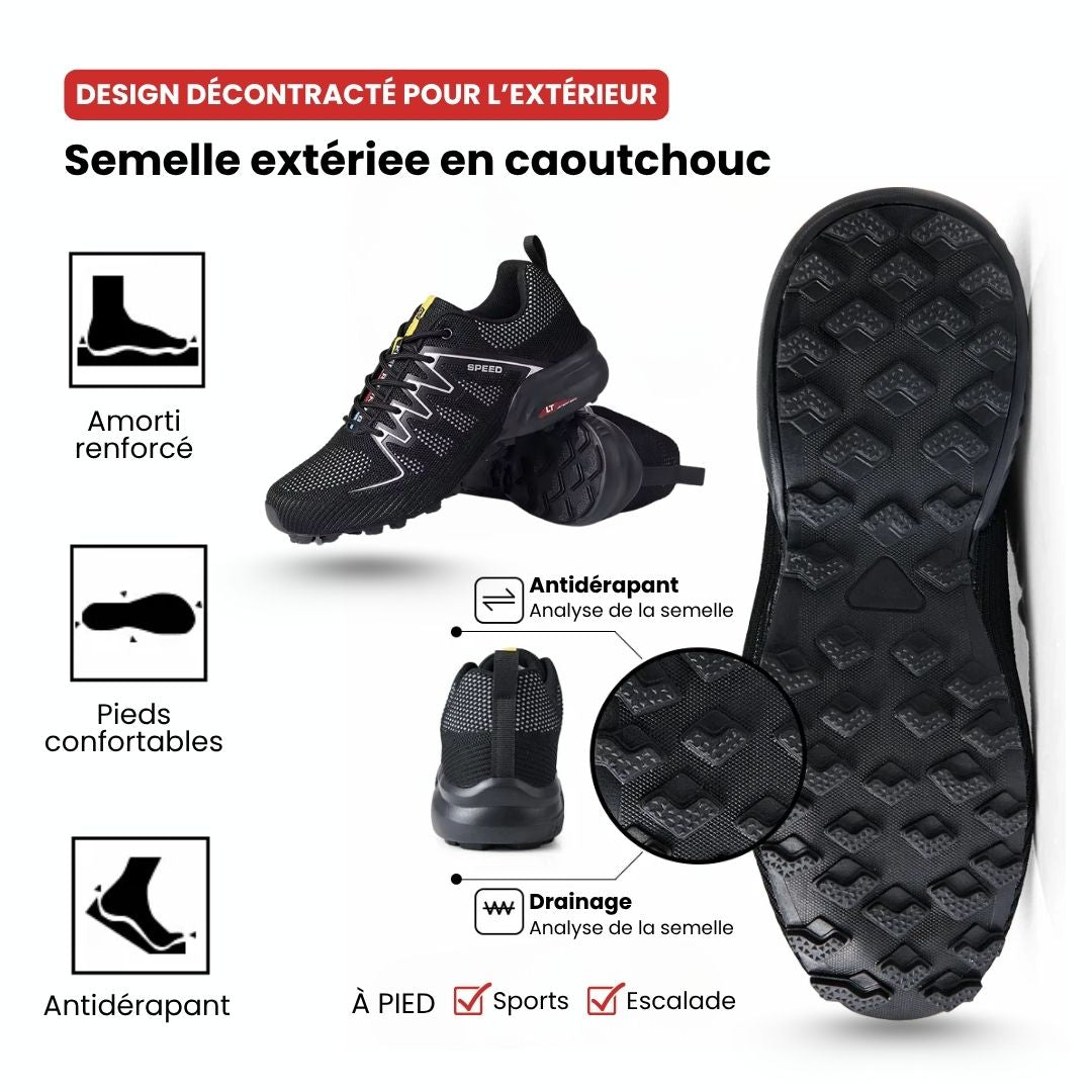 Men's orthopedic walking shoes with a thick sole, in black and red, blue, and gray and orange