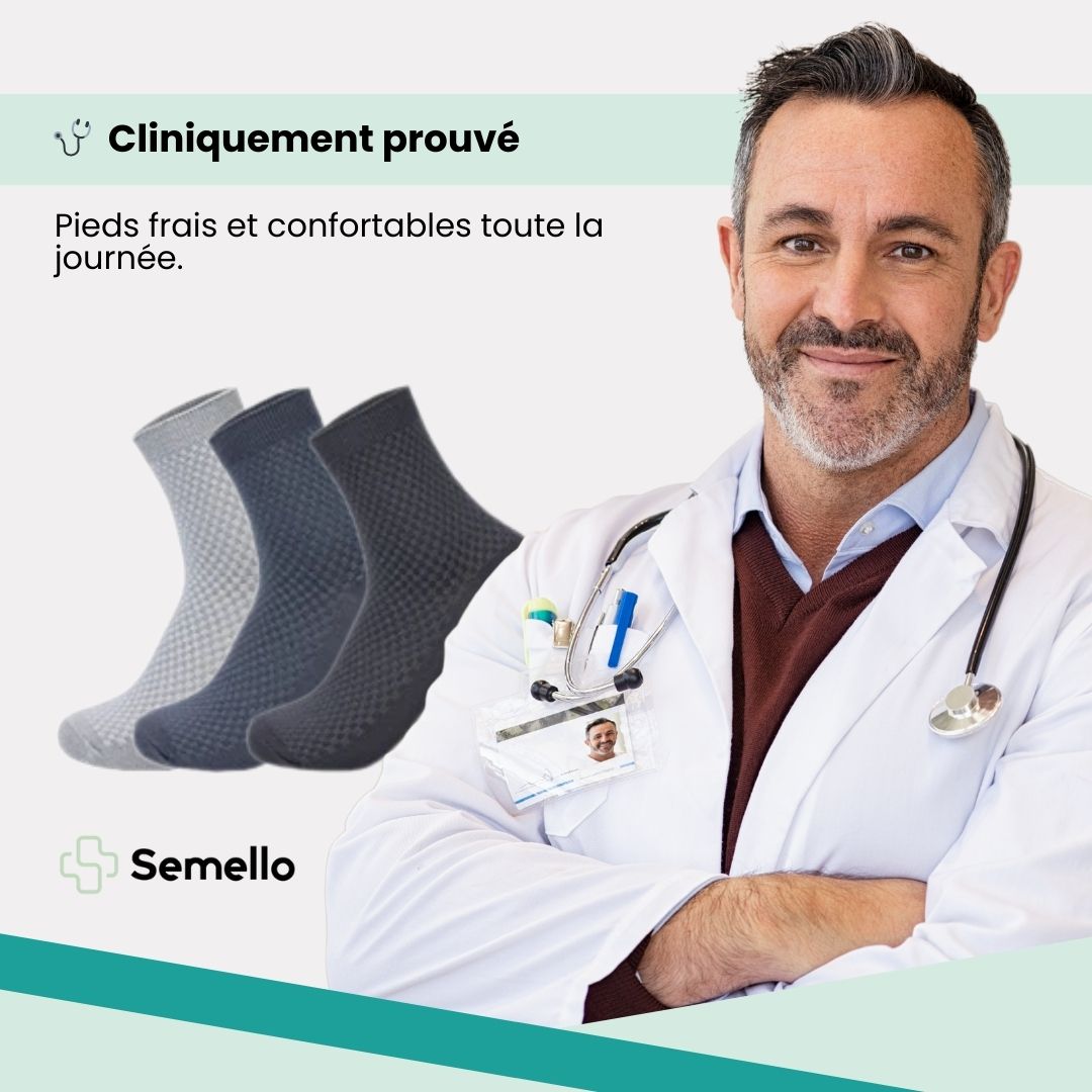 Bamboo fiber crew socks worn at the ankle, in five-pair packs of black, gray or navy