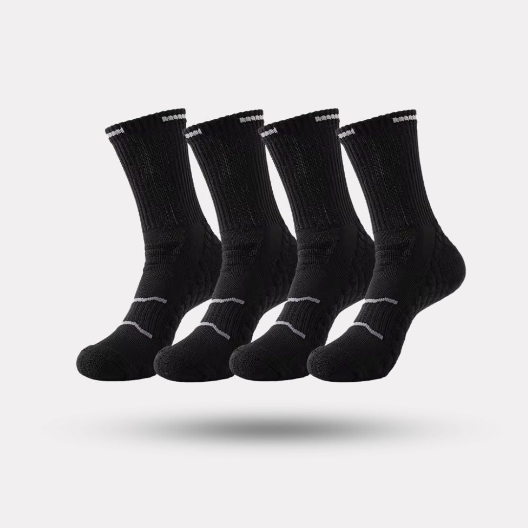 Black and white running socks in ankle and crew heights with a reinforced arch band