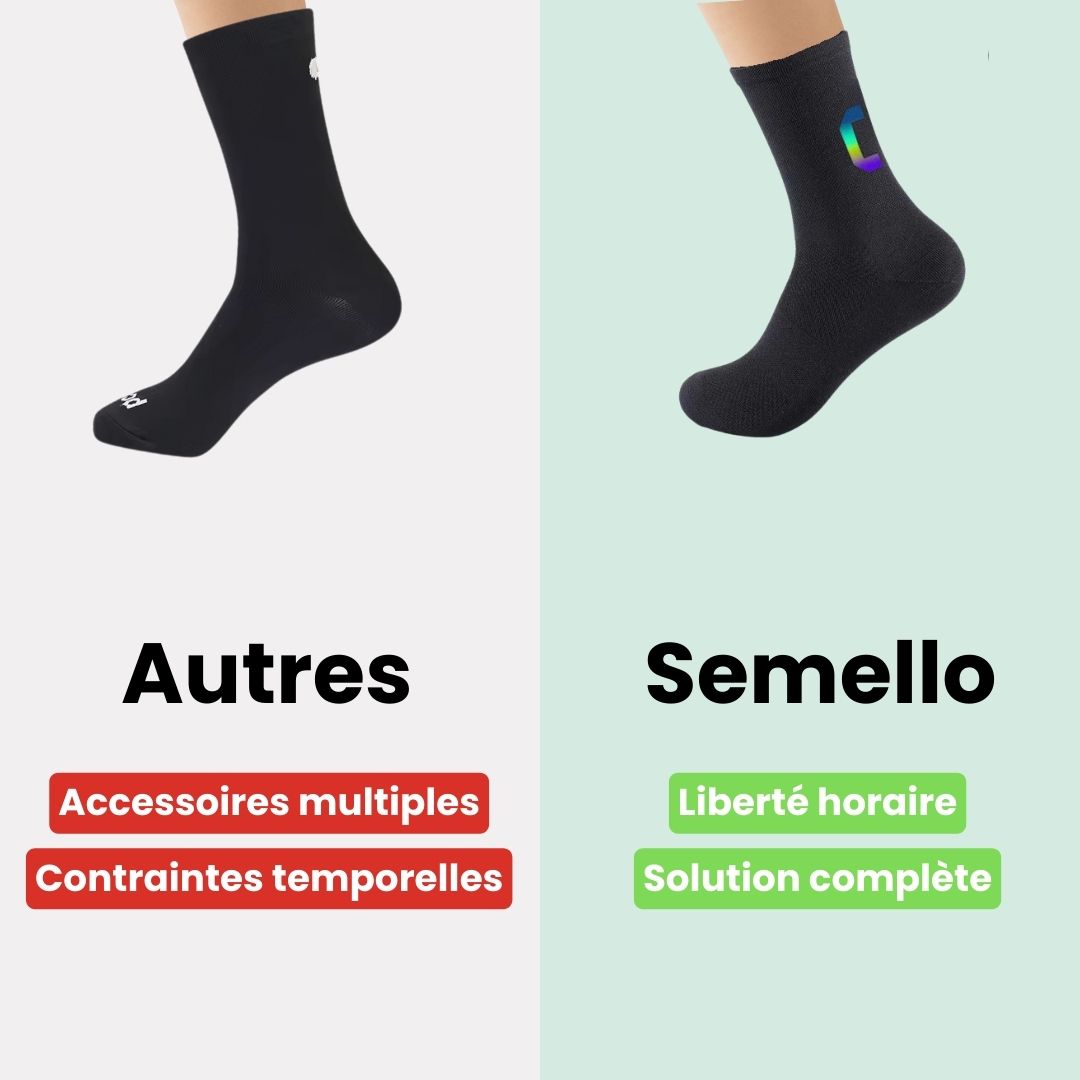 Black cycling socks with reflective stripes, worn high on the calf