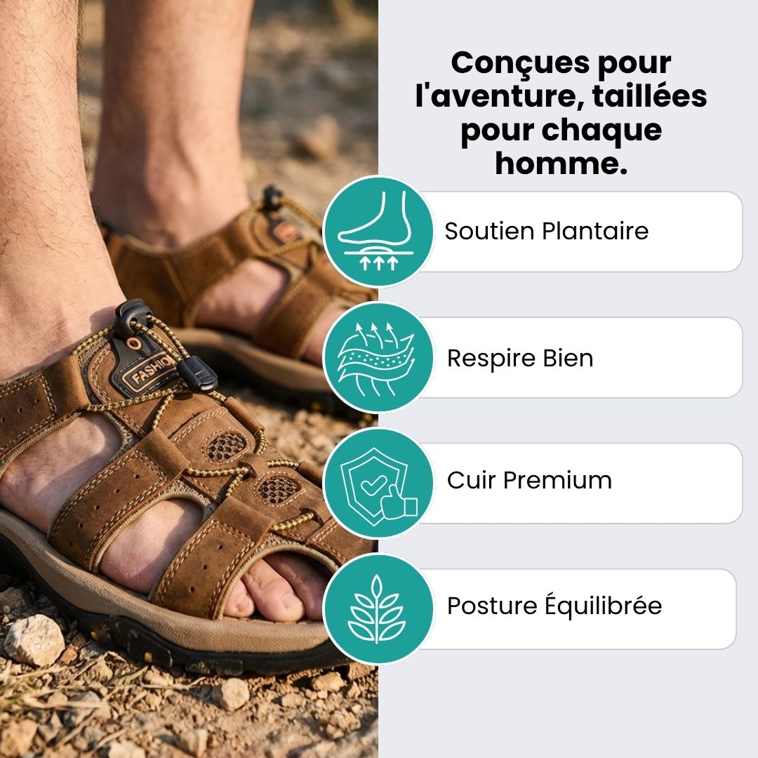 Brown leather orthopedic sandals with buckled straps and a contoured footbed