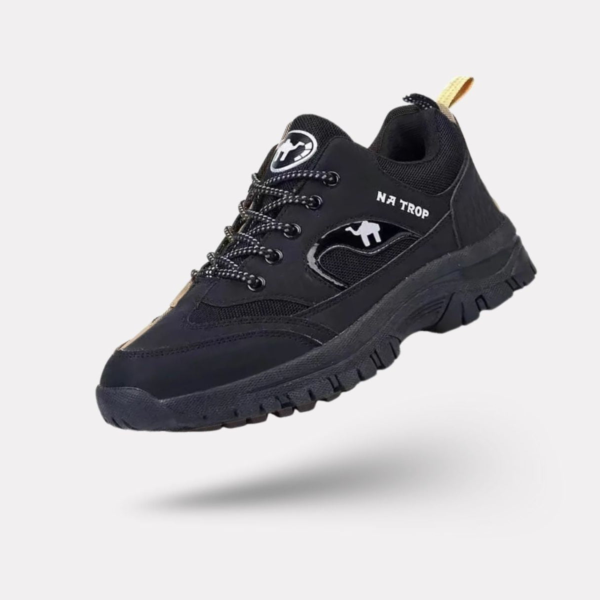 Lace-up orthopedic walking shoes with a thick cushioned sole, in caramel and black