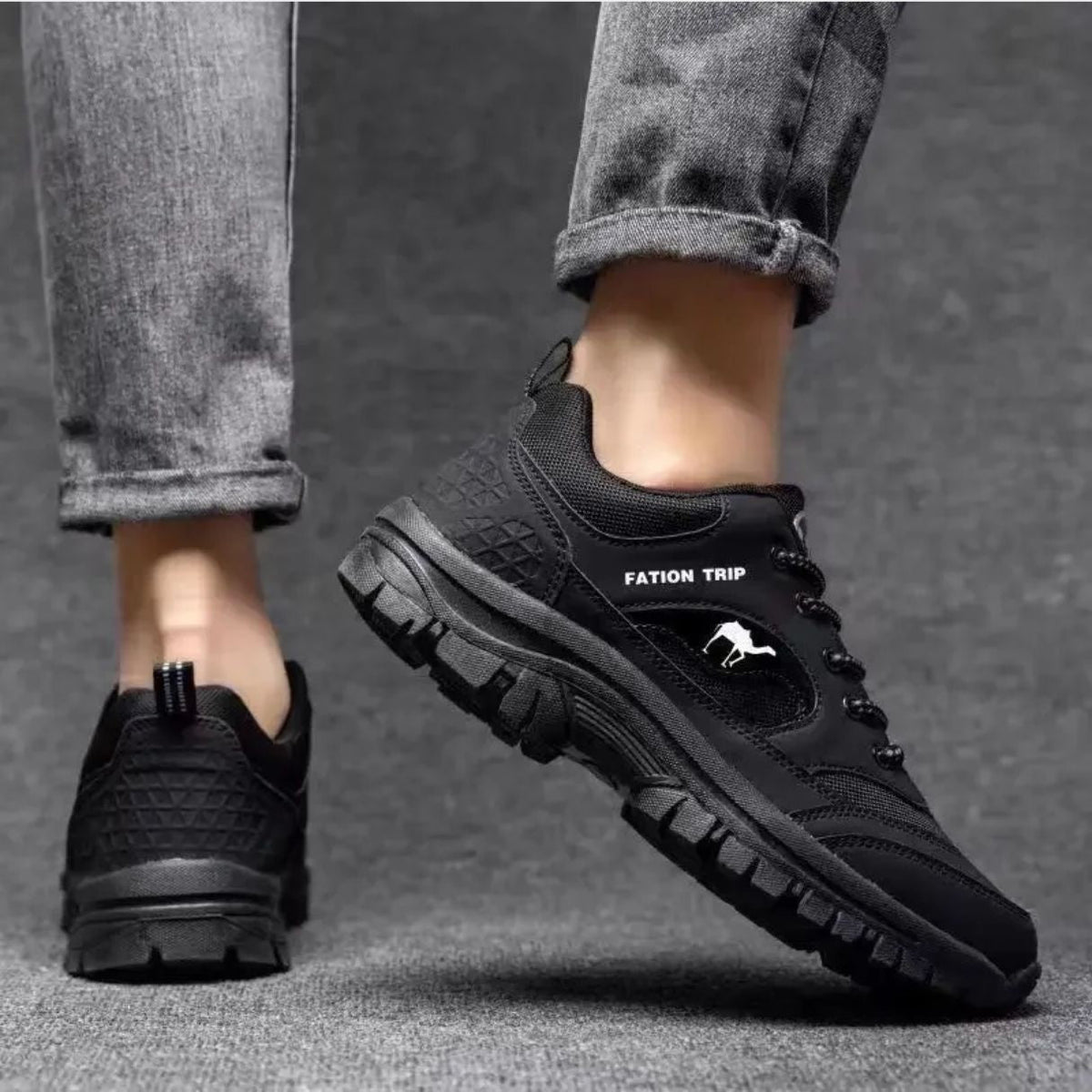 Lace-up orthopedic walking shoes with a thick cushioned sole, in caramel and black