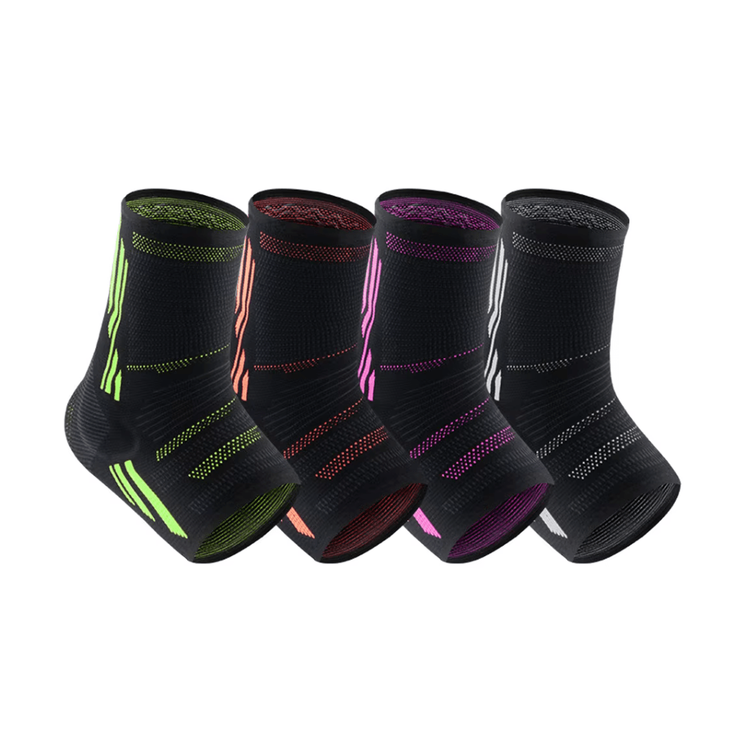 Compression sleeve pulled over the calf, in green, orange, pink and gray