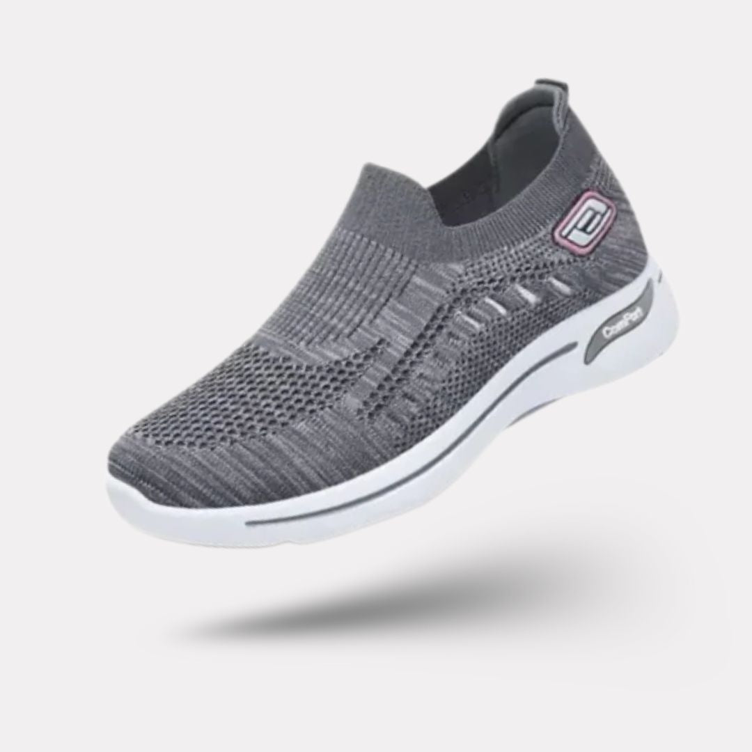 Women's orthopedic sneakers with a cushioned sole and knit upper, in pink, black, dark gray or purple