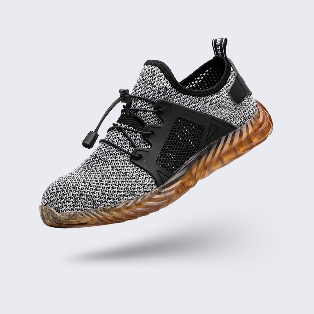 Gray breathable mesh safety sneakers with a protective toe and lace-up front
