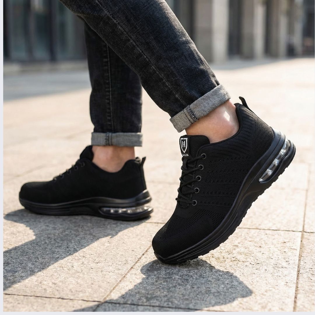 Orthopedic safety sneakers with a reinforced toe cap and a lightweight cushioned sole