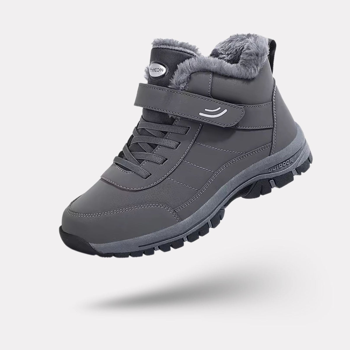 Lined waterproof winter boots in red, black and gray with a thick treaded sole