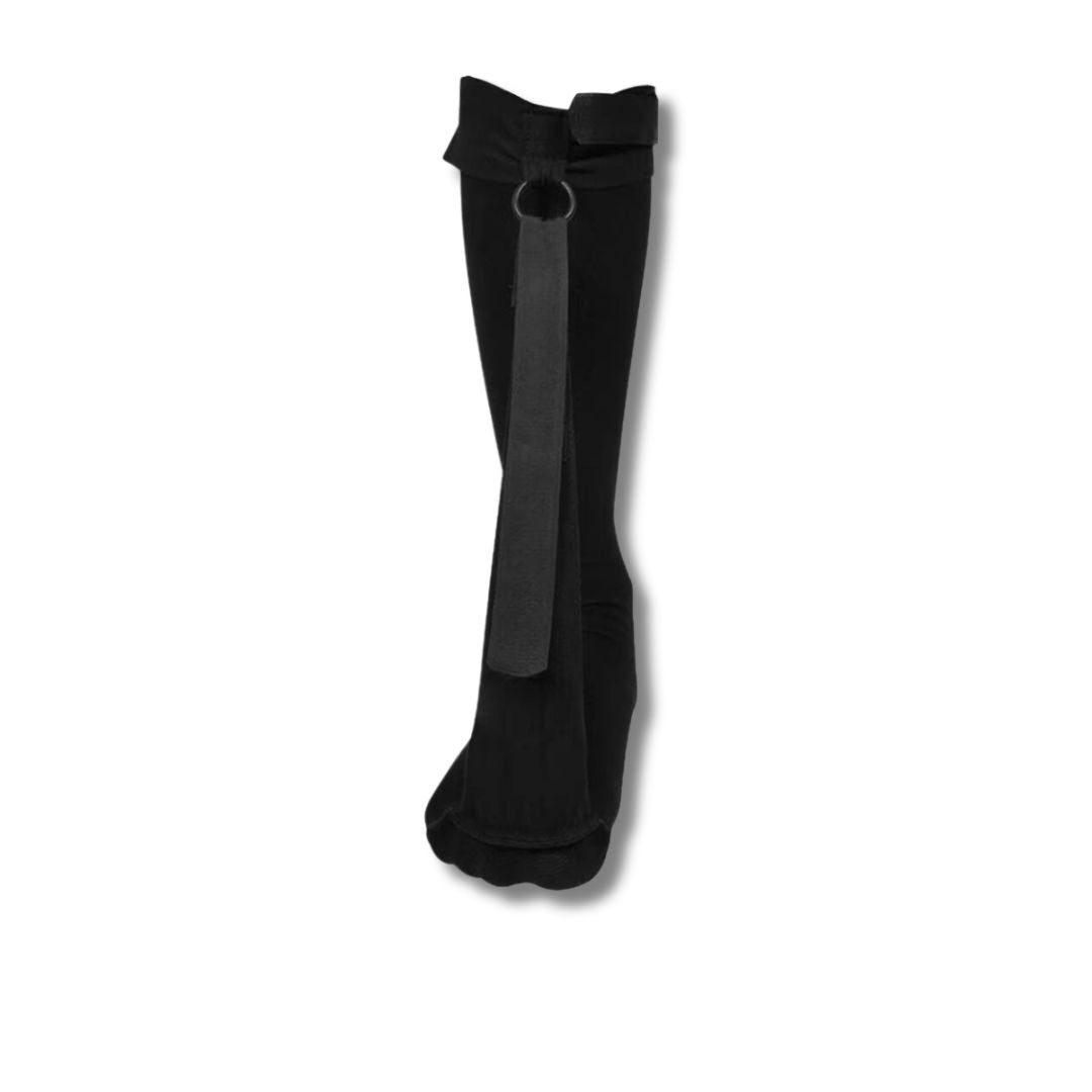 Black night socks worn over the foot and ankle to stretch the plantar arch