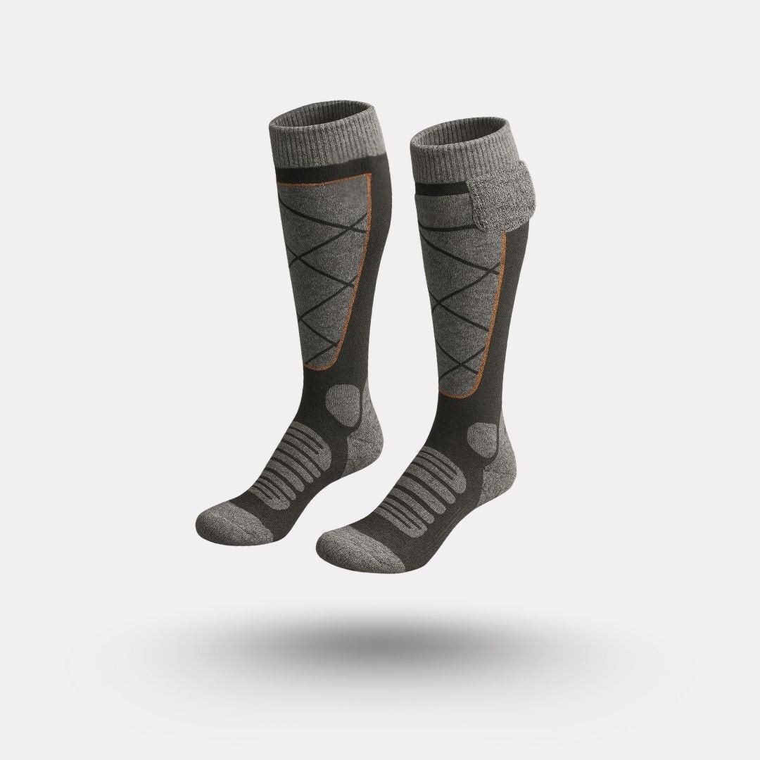 Battery-powered heated winter socks that warm the toes, worn up to mid-calf