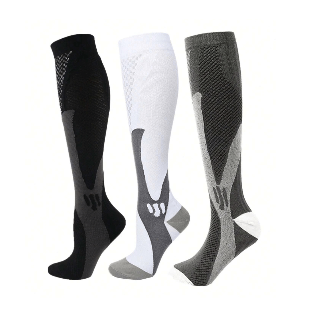 Black and white compression socks worn up the calf to support circulation