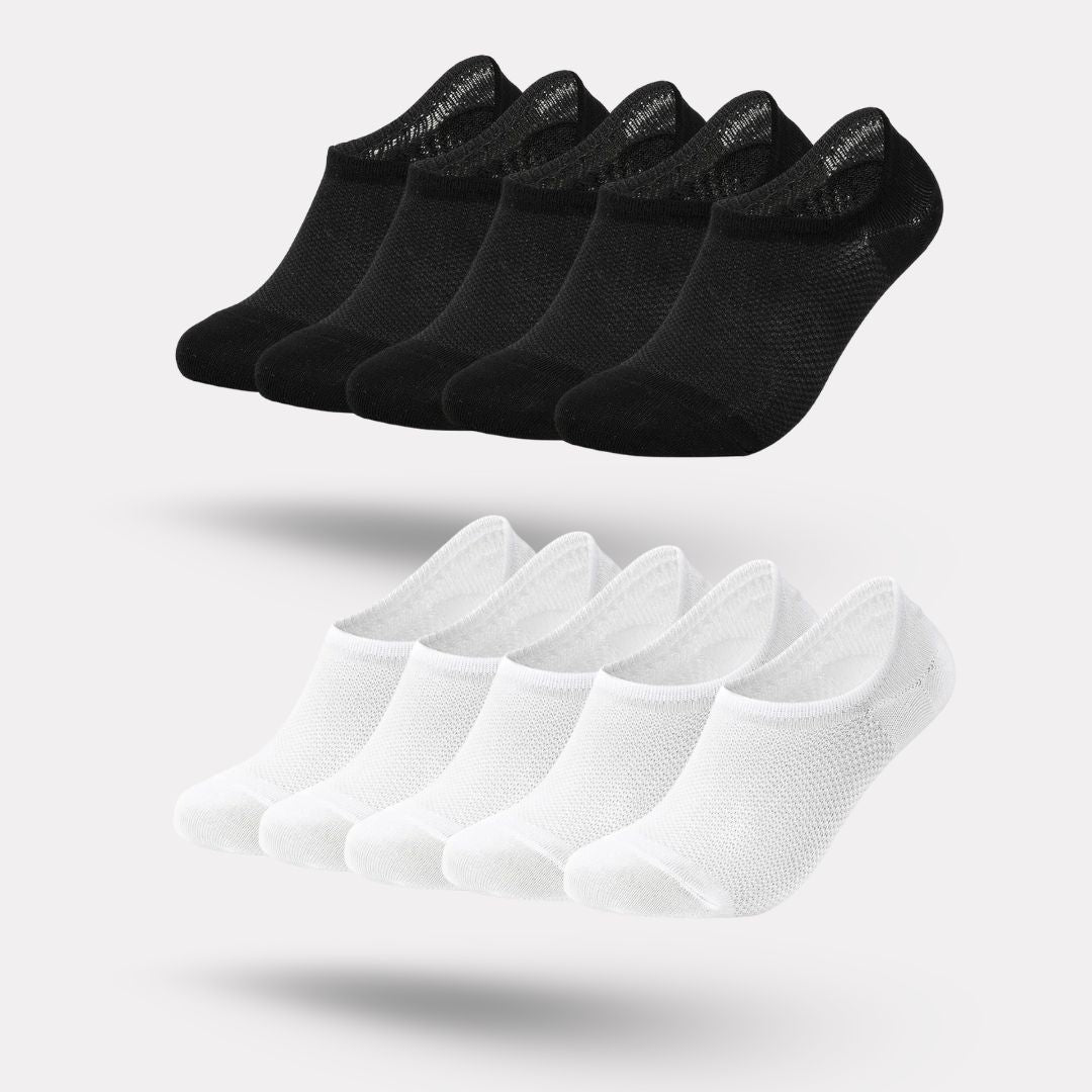 Thin bamboo fiber socks in black, white and mixed colors, sitting just above the ankle