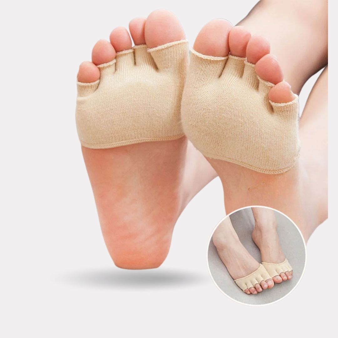 Toe separator socks that spread and hold each toe apart, in black and beige