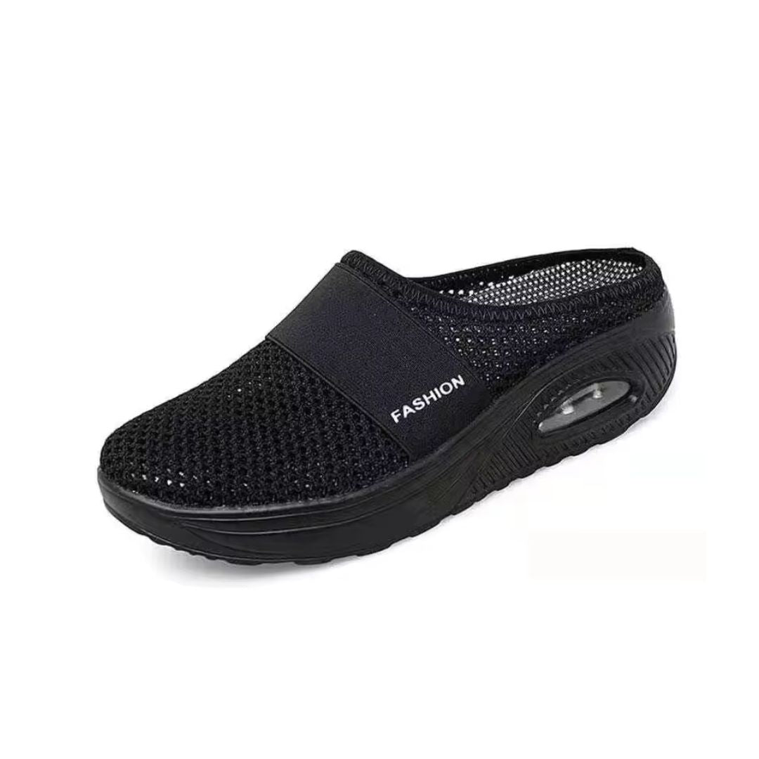 Orthopedic wedge slippers with a raised heel and open toe, in deep blue, gray, black and pink