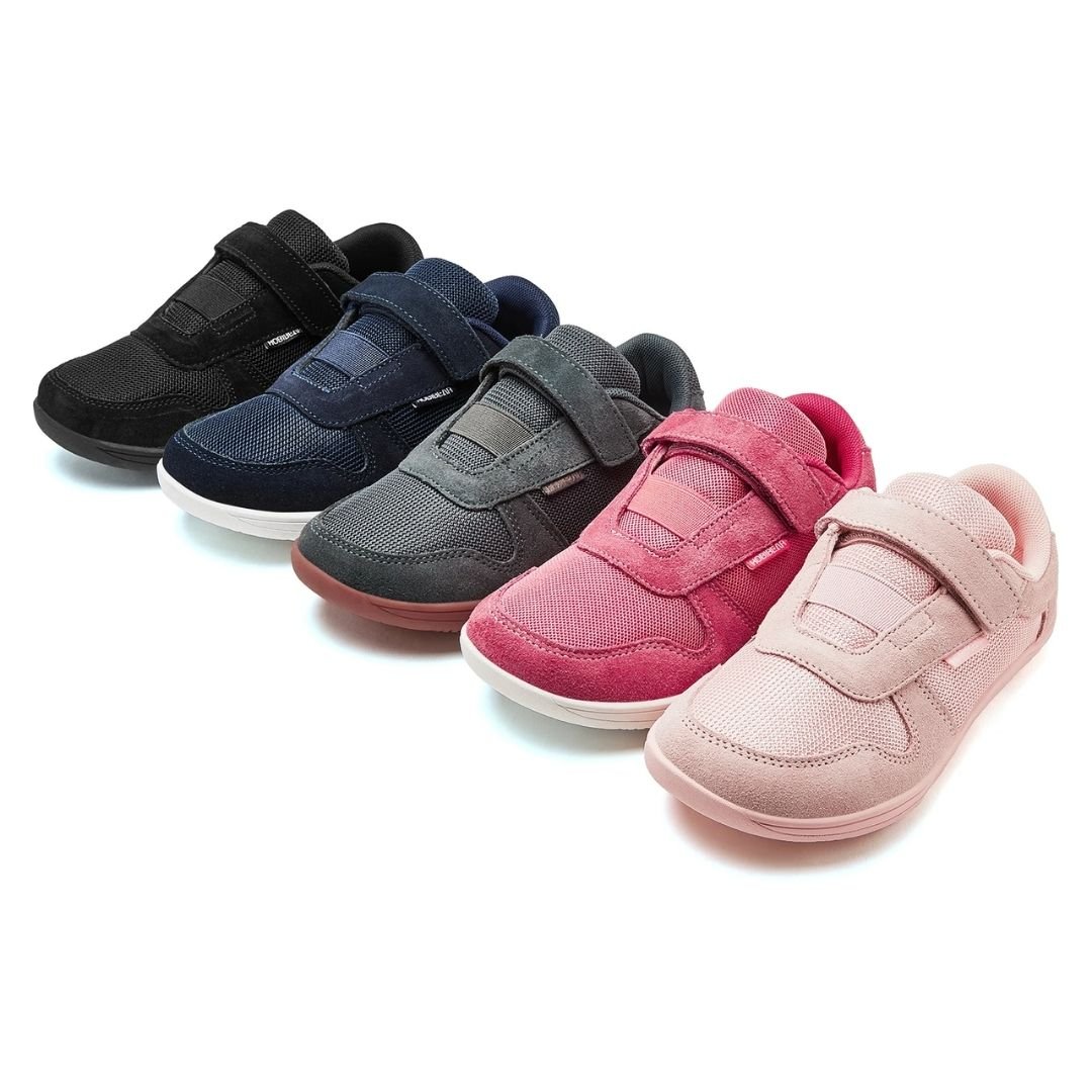 Blue barefoot shoes for kids with a thin flexible sole and a roomy toe box