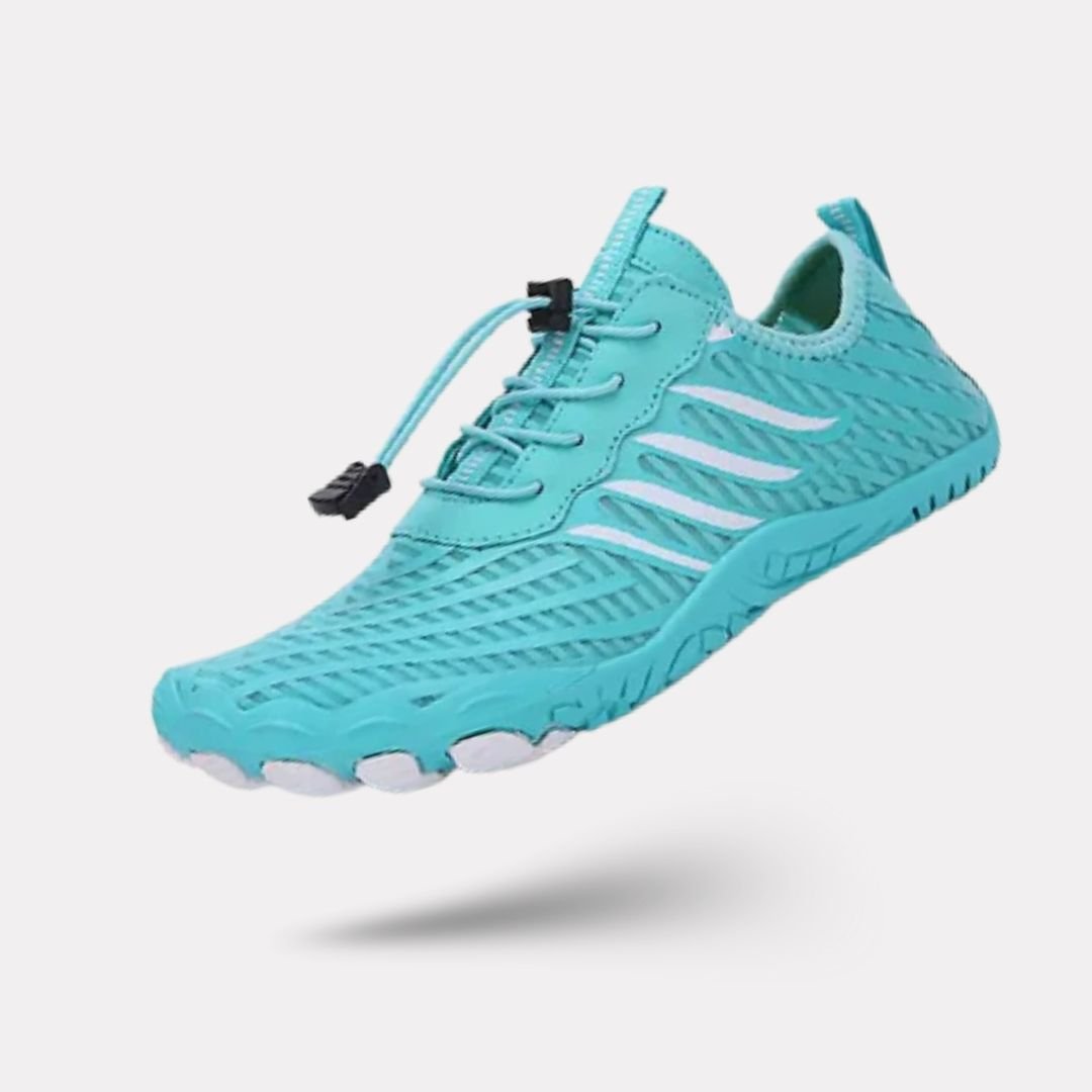 Minimalist barefoot sneakers with a thin sole and a foot-shaped toe box