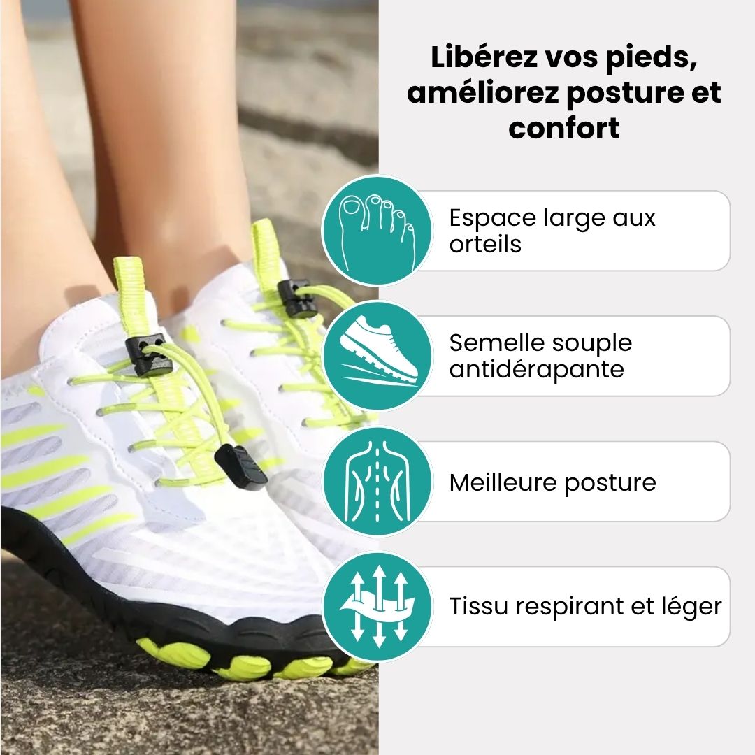 Minimalist barefoot sneakers with a thin sole and a foot-shaped toe box