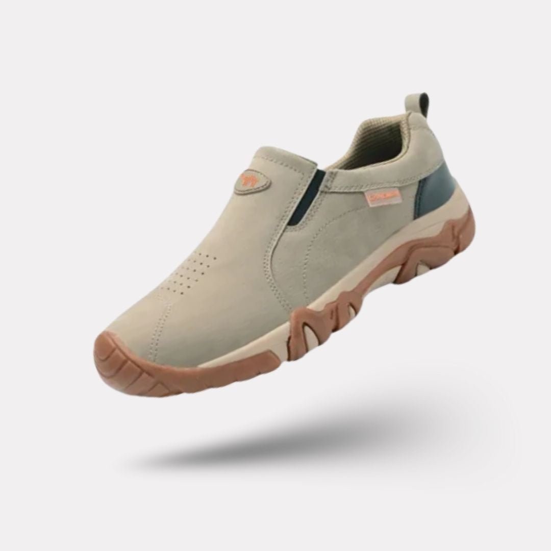 Men's orthopedic walking shoes with a cushioned sole, in black, gray, dark blue and sand