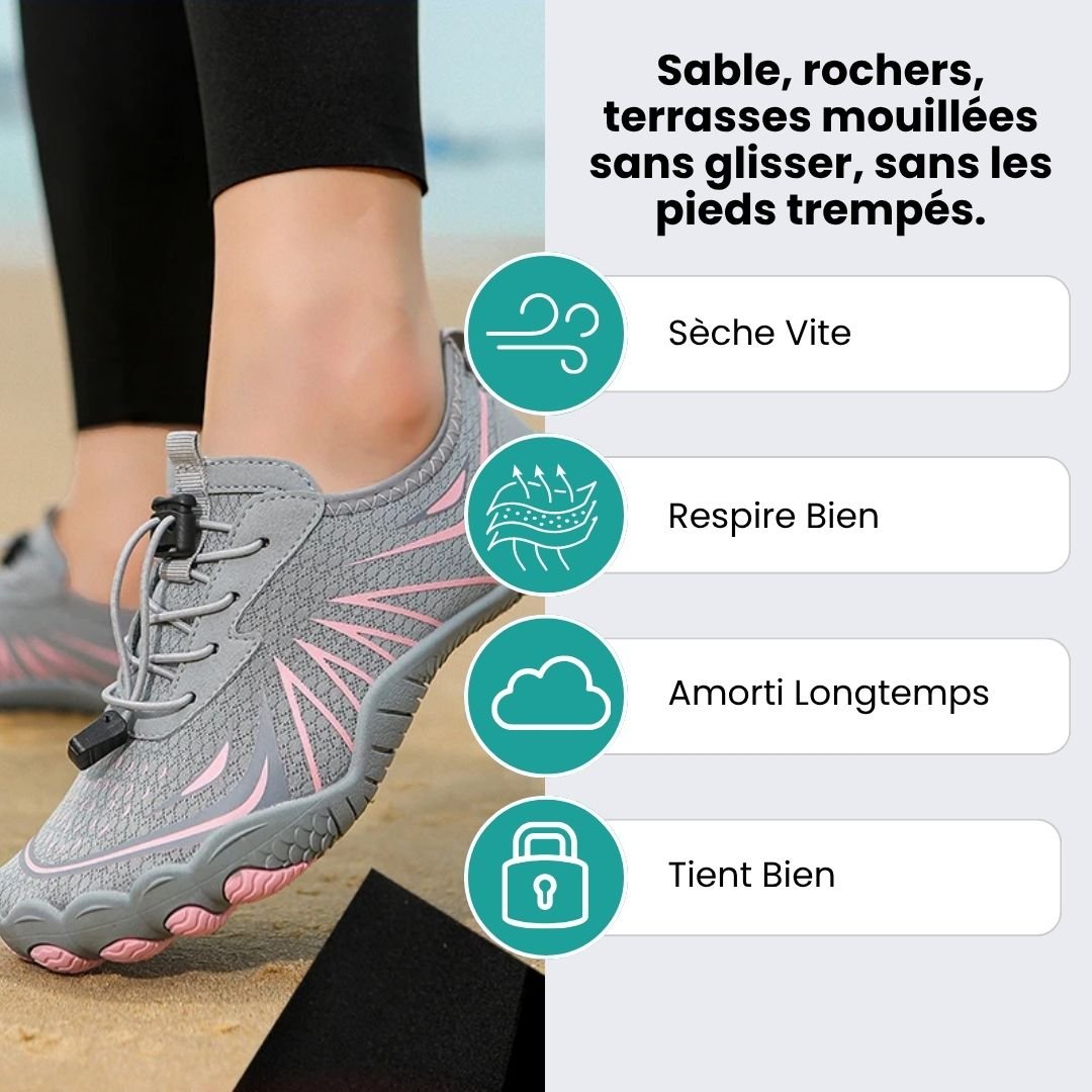 Quick-drying beach water shoes with a flexible grip sole, in gray, plum and platinum