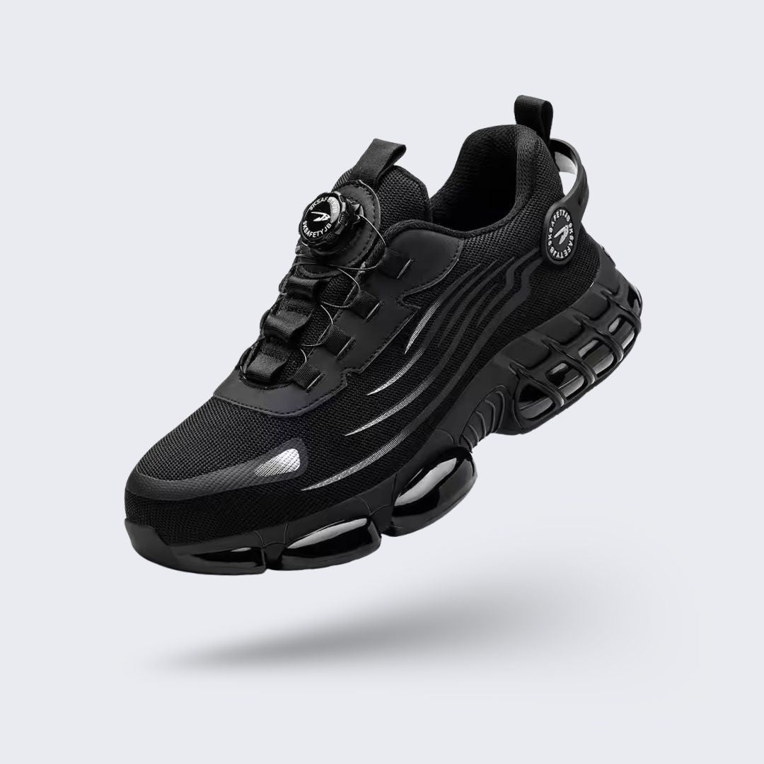 Lightweight women's safety shoes in gray and black with a reinforced protective toe cap