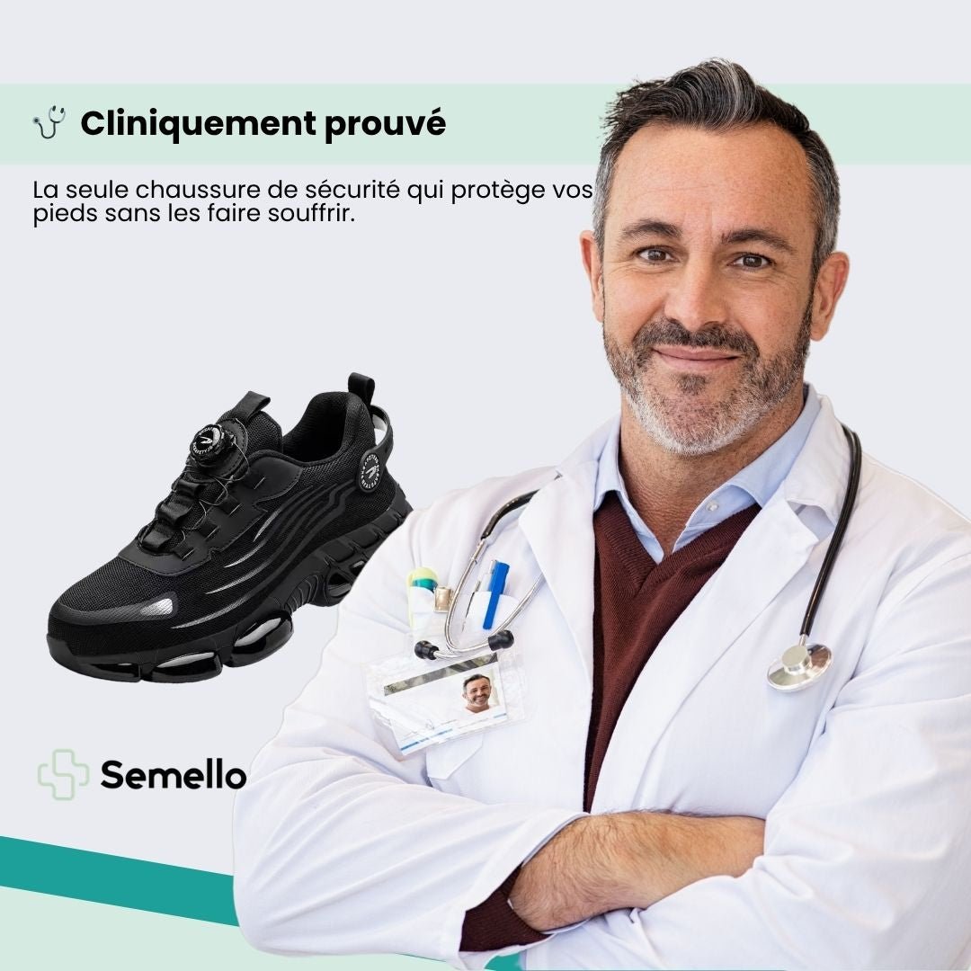 Black orthopedic safety shoes with a reinforced toe cap and cushioned sole