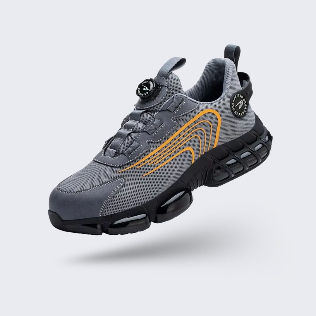 Black and gray orthopedic safety shoes with reinforced toe caps and cushioned midsoles