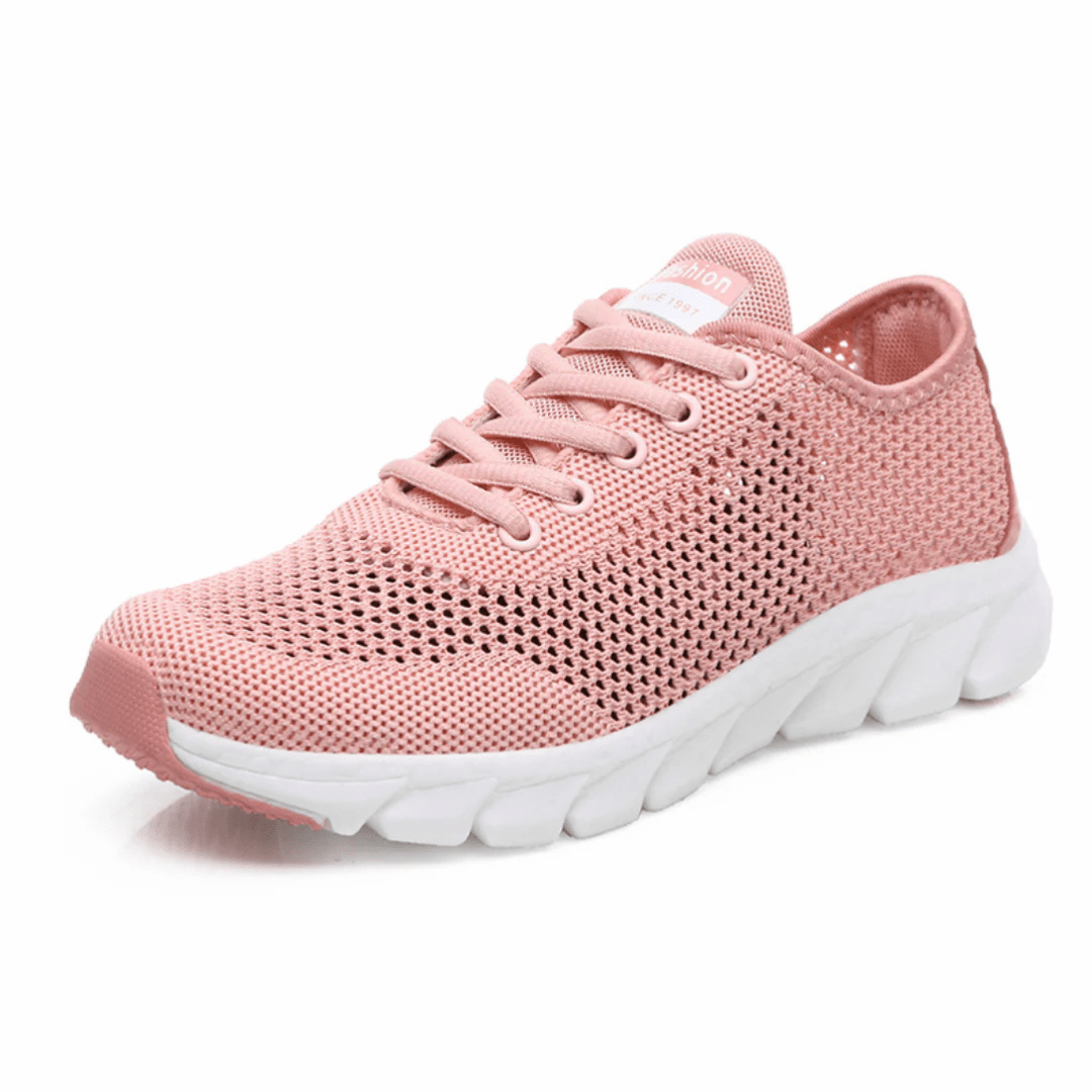 Breathable orthopedic shoes with a knit mesh upper, in black, white and pink