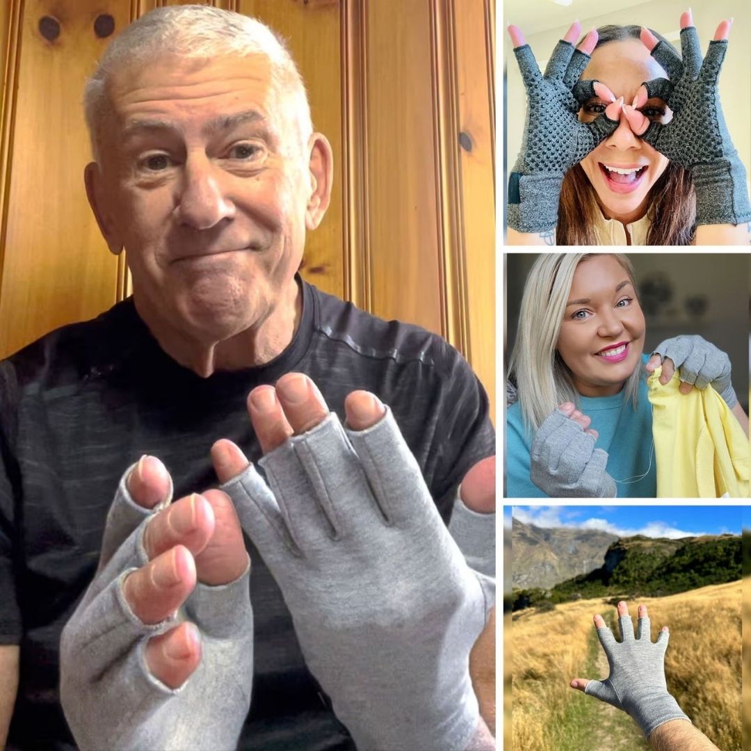 Fingerless compression gloves worn over the hands for arthritis relief