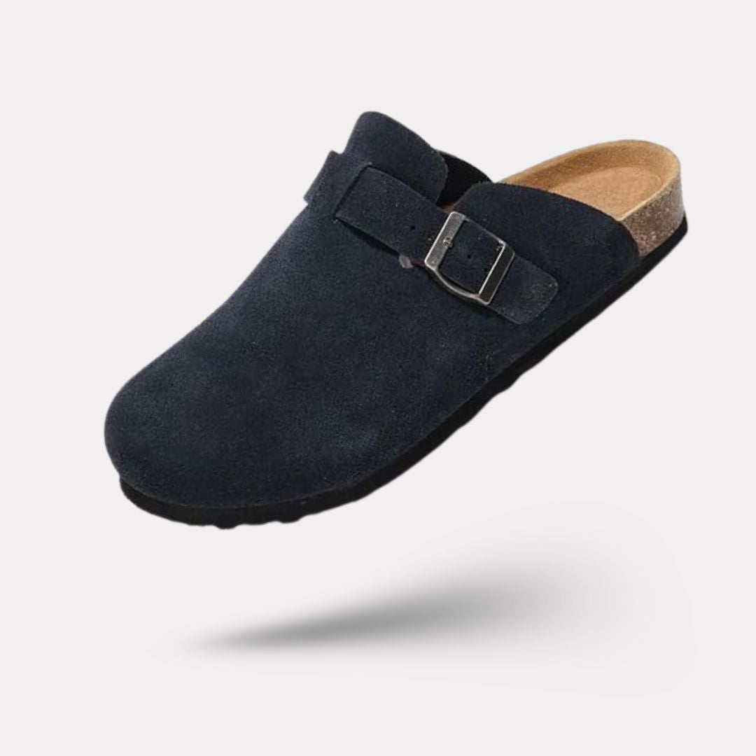 Suede leather mules open at the heel on a cork and leather sole, in taupe, black and navy