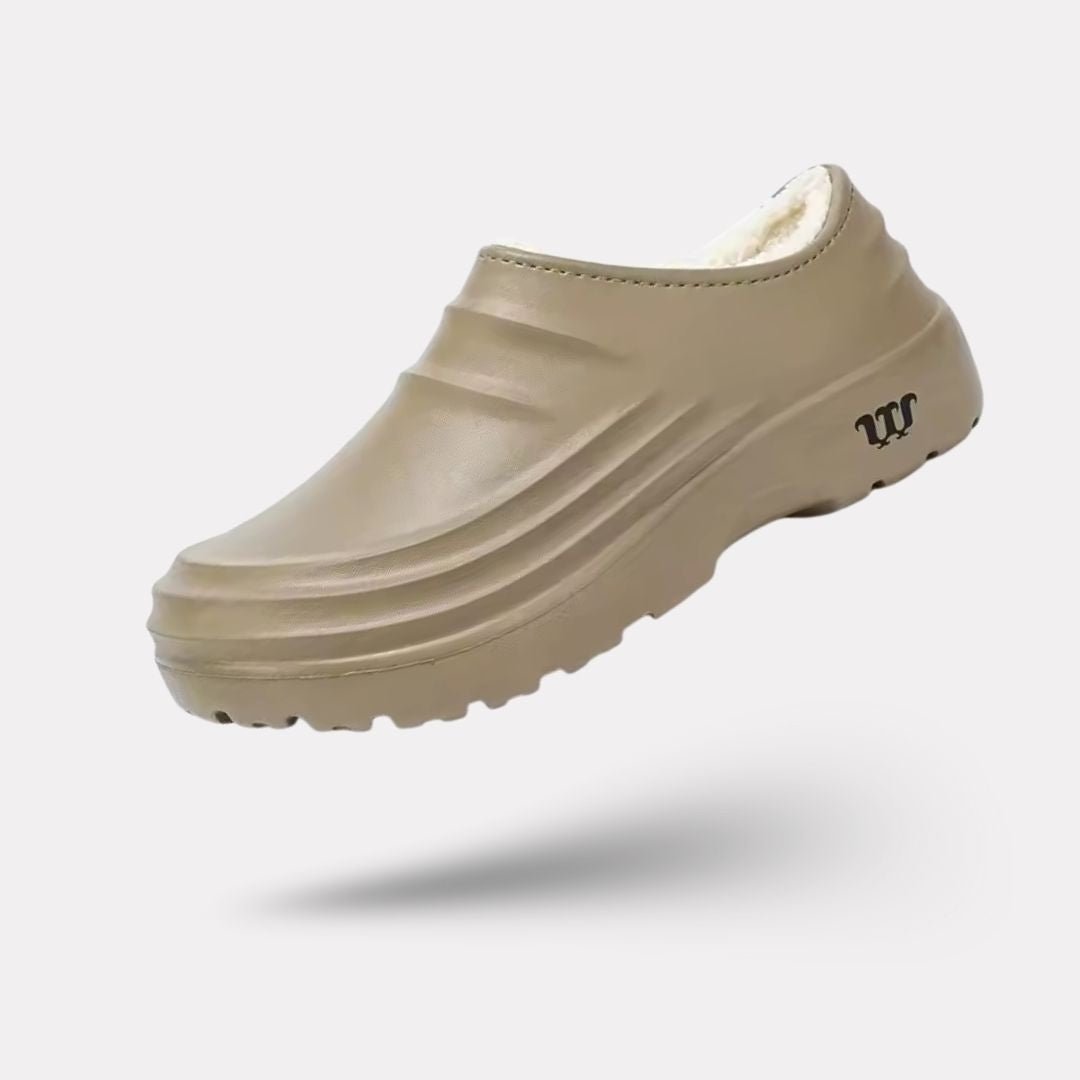 Fleece-lined orthopedic slippers with a non-slip outsole, in black, beige and khaki