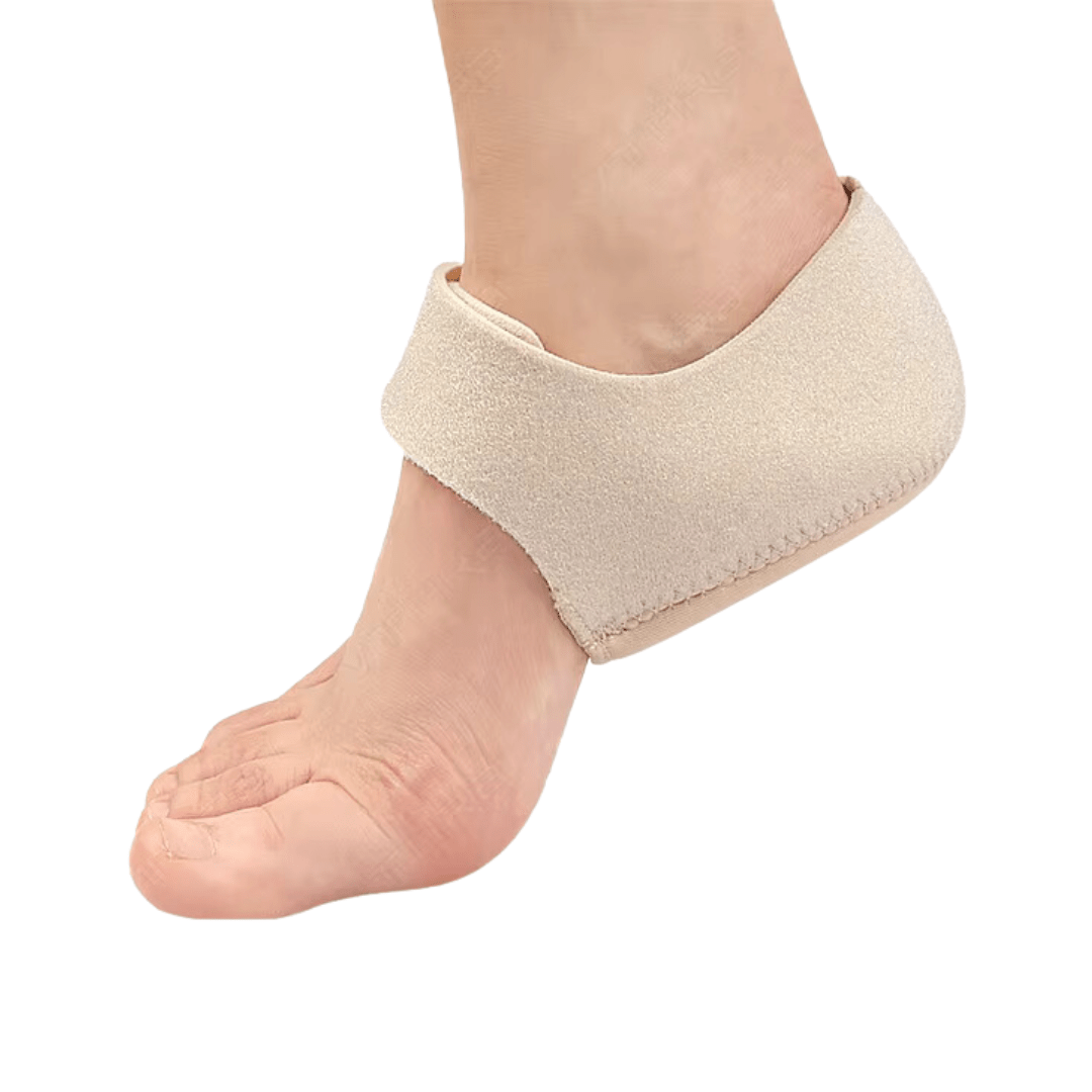 Beige and black gel heel protectors that cup the back of the heel inside the shoe