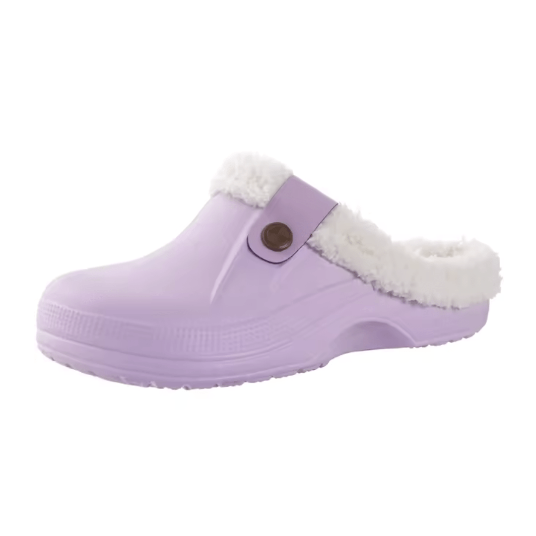 Fleece-lined winter slippers in white, light purple, light blue and black and brown