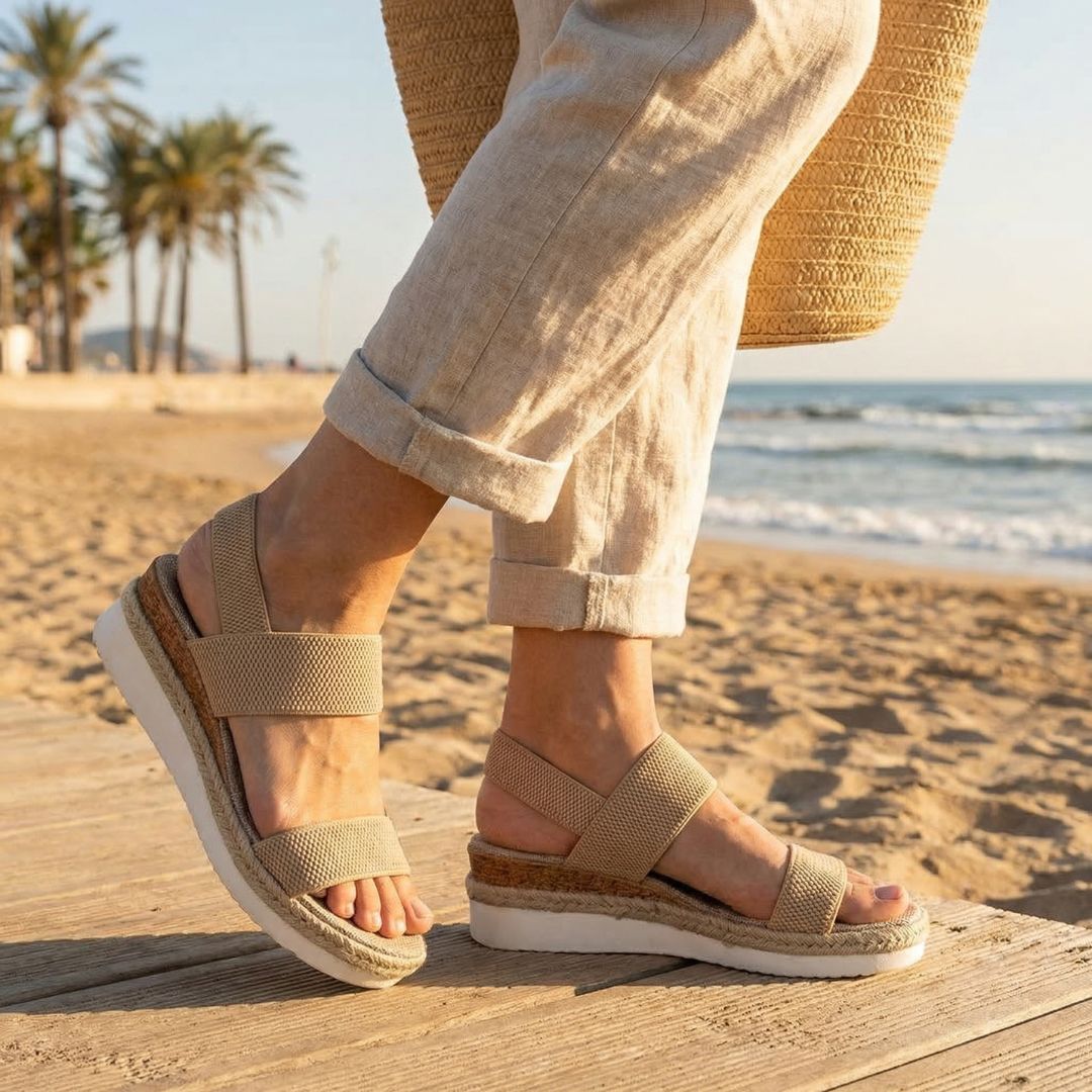 Beige wedge sandals for women with a raised heel and arch supporting footbed