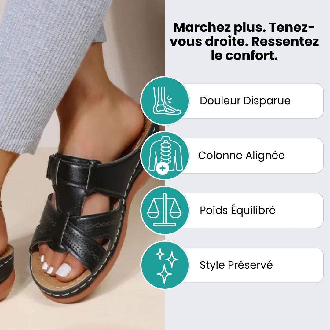 Orthopedic sandals on a raised wedge heel with a supportive contoured footbed