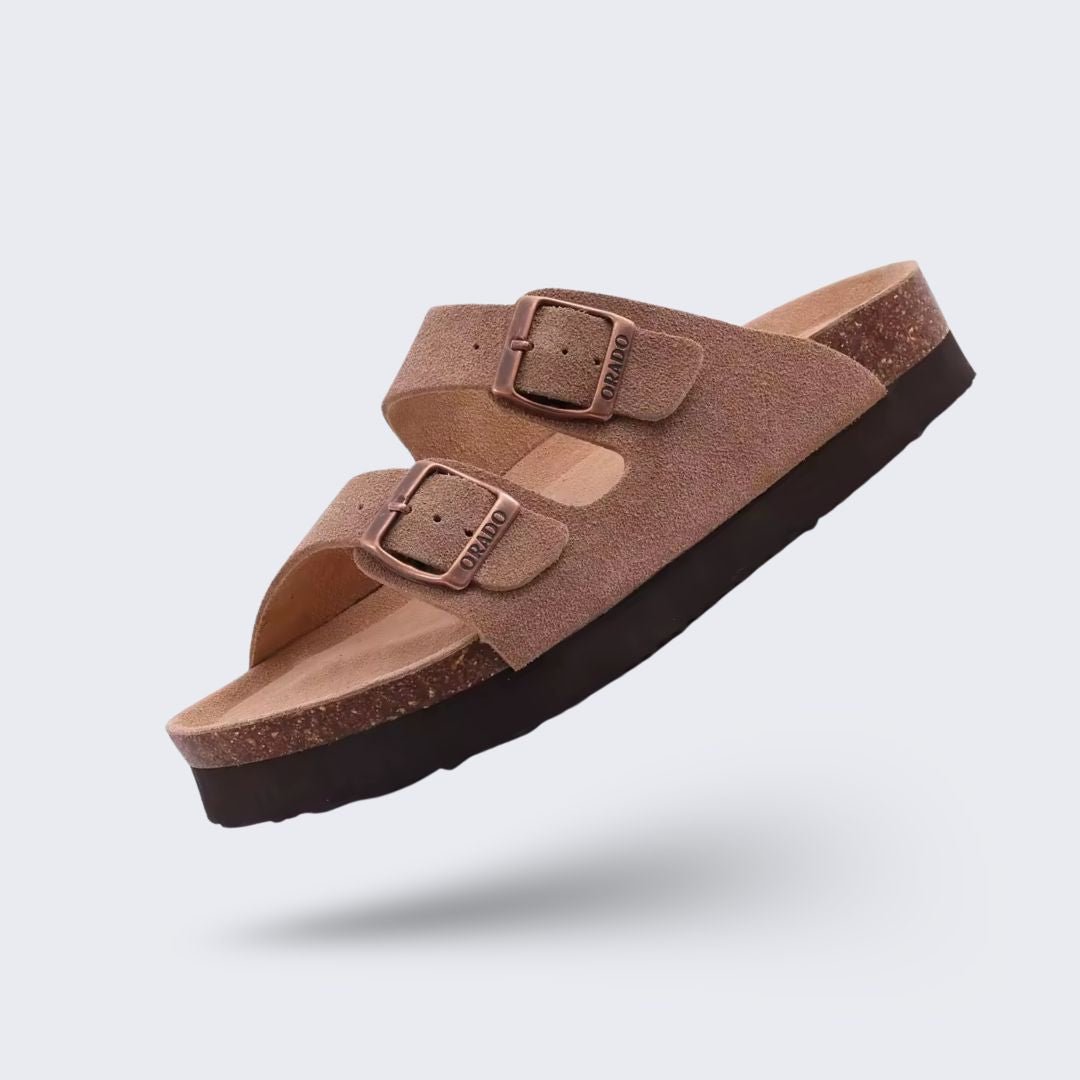 Summer sandals on a cork sole with a molded arch support under the foot