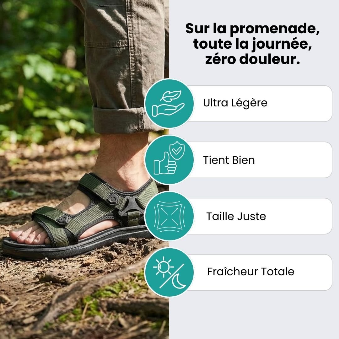 Orthopedic summer sandals in black, blue and green with a contoured footbed and adjustable straps