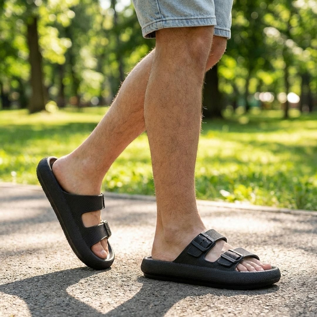 Orthopedic sandals with adjustable buckle straps over the instep and a contoured footbed