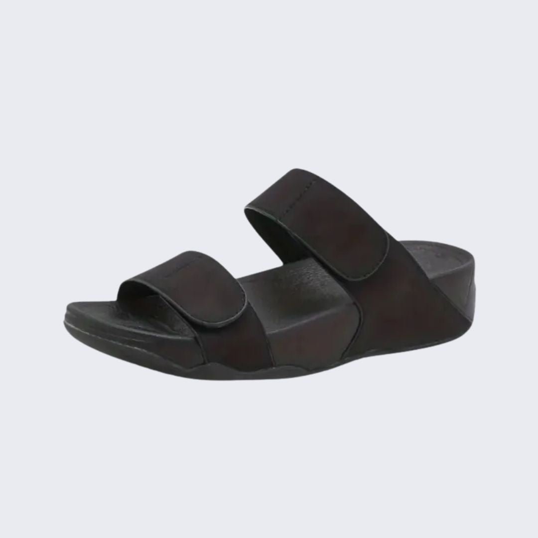 Lightweight orthopedic sandals in beige, black and blue with a molded arch-support footbed