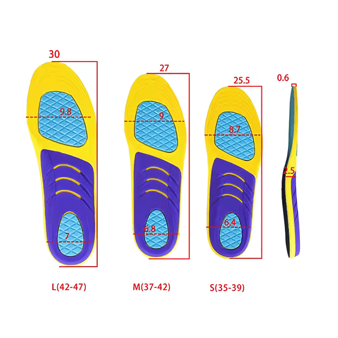 Everyday plantar fasciitis insoles with a molded arch, trimmed to fit inside the shoe