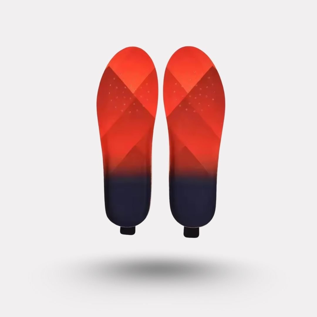 Heated insoles that warm the sole of the foot, sized to sit inside hiking and hunting boots