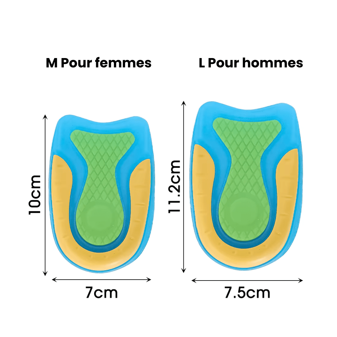 Pair of U-shaped gel heel cups that cradle the heel inside any shoe