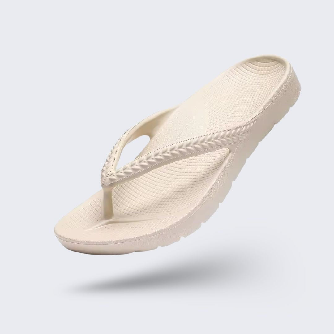 Orthopedic flip-flops with a toe post and contoured footbed, in khaki, black, navy and cream