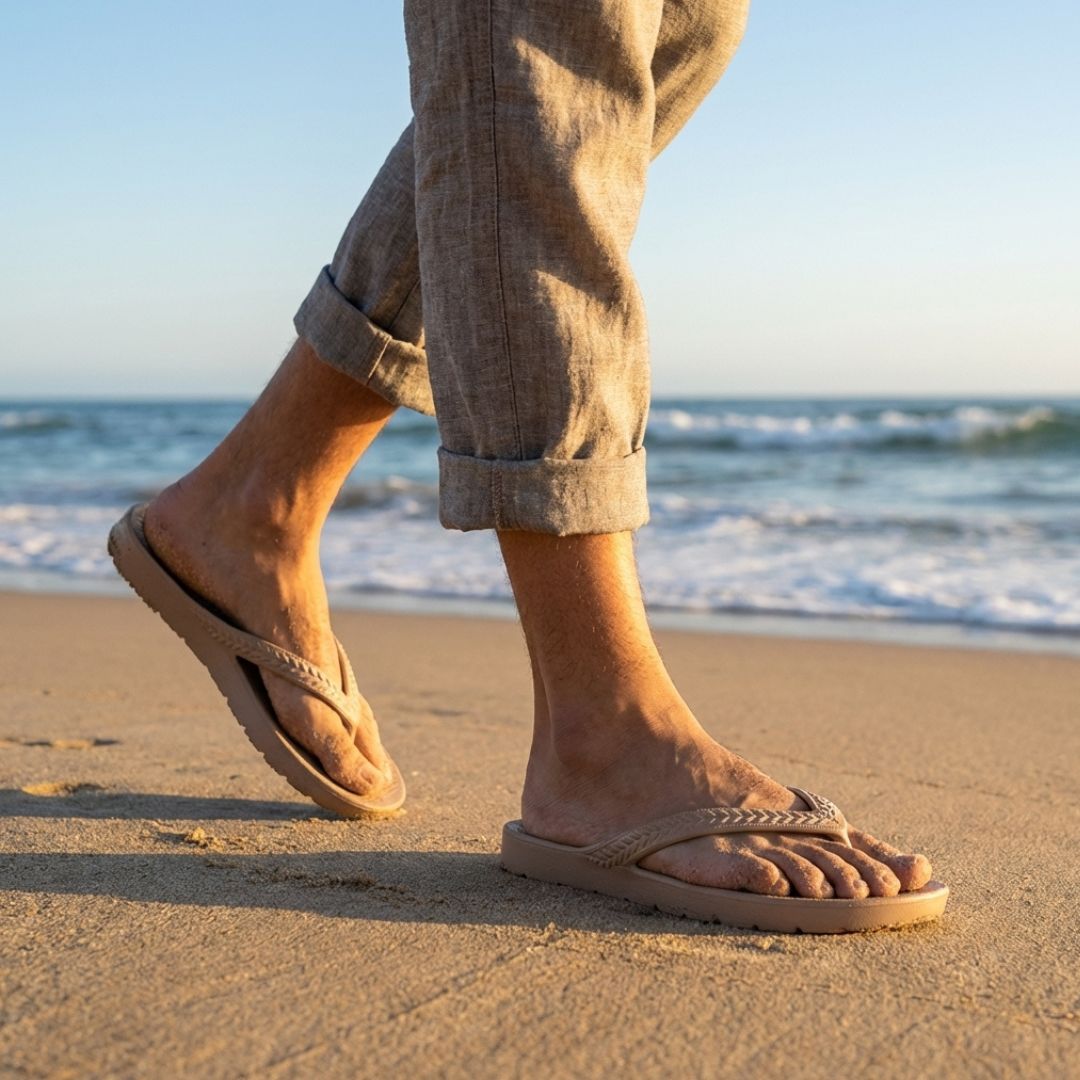 Orthopedic flip-flops with a toe post and contoured footbed, in khaki, black, navy and cream