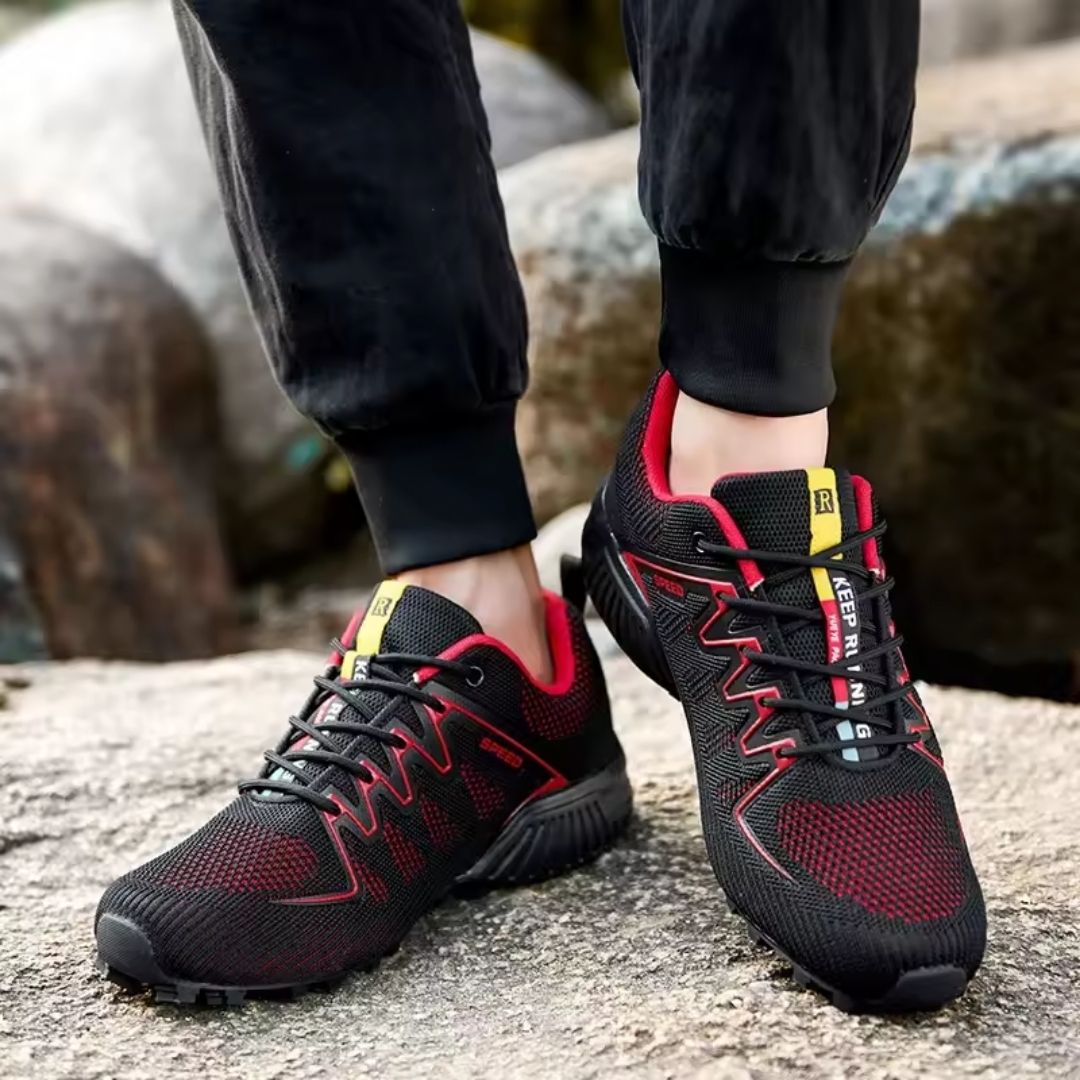 Men's orthopedic walking shoes with a thick sole, in black and red, blue, and gray and orange