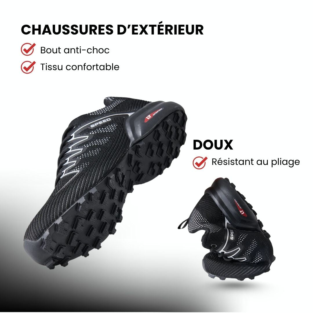 Men's orthopedic walking shoes with a thick sole, in black and red, blue, and gray and orange