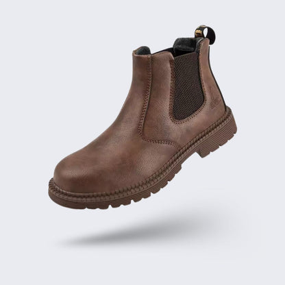 Brown leather safety boots with a reinforced toe and a lace-up ankle shaft