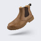 Brown leather safety boots with a reinforced toe and a lace-up ankle shaft