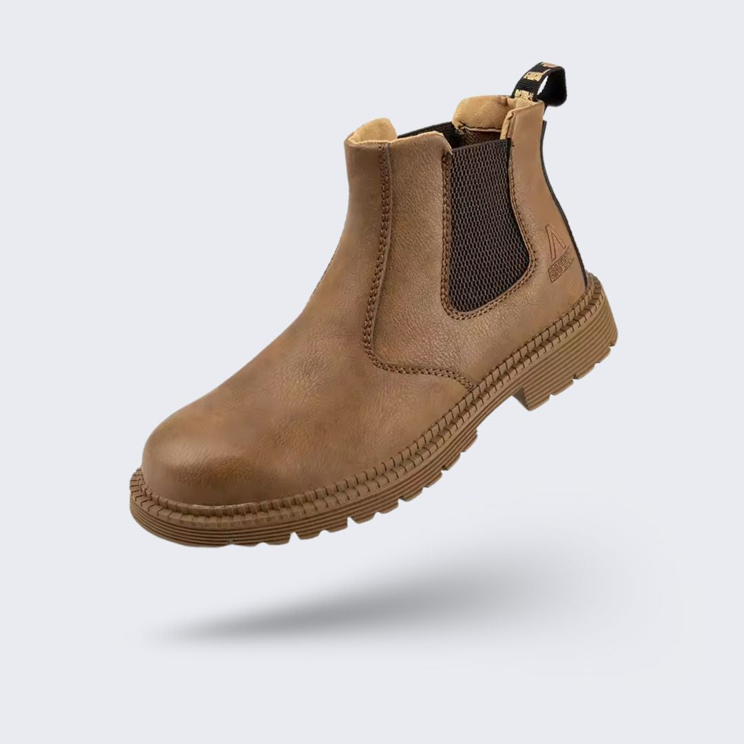 Brown leather safety boots with a reinforced toe and a lace-up ankle shaft