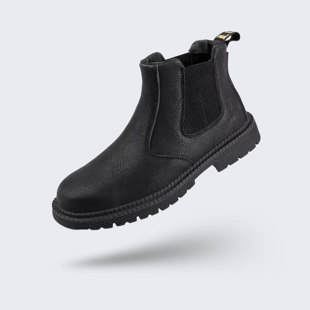 Brown leather safety boots with a reinforced toe and a lace-up ankle shaft
