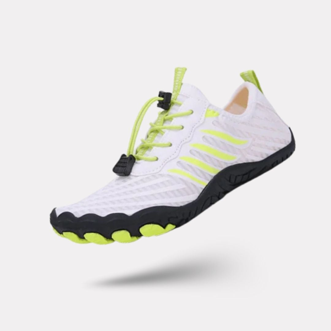 Minimalist barefoot sneakers with a thin sole and a foot-shaped toe box